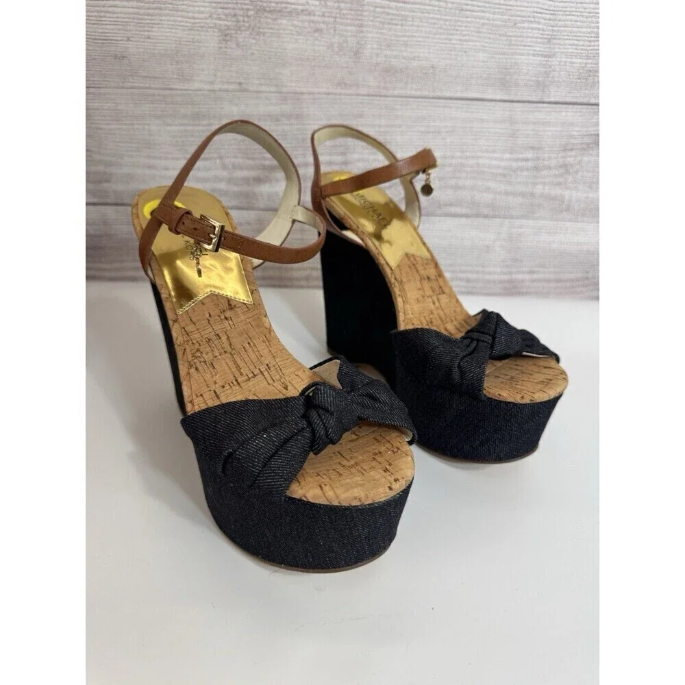 Michael Kors Denim Cork Wedge Sandals Size 9  Ankle Strap Espadrille Heels